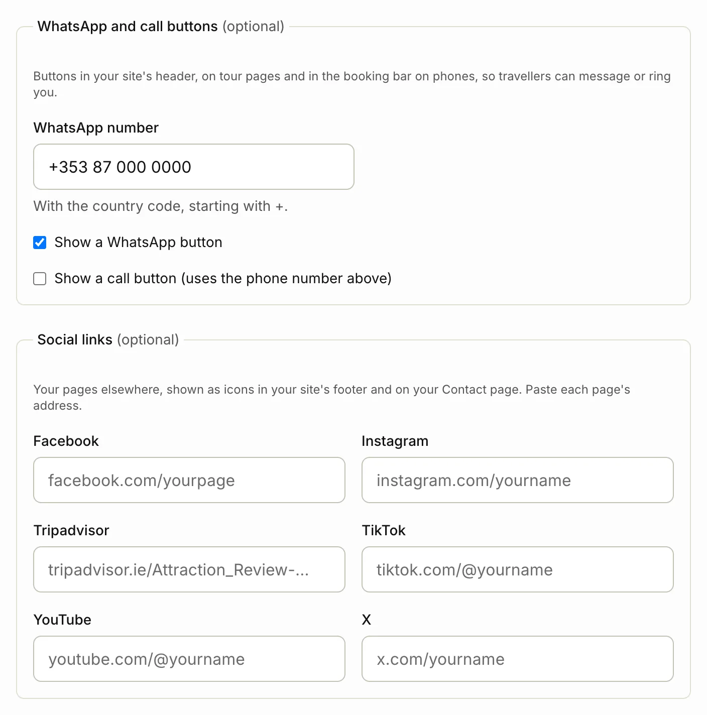 The WhatsApp and call buttons, and your social links