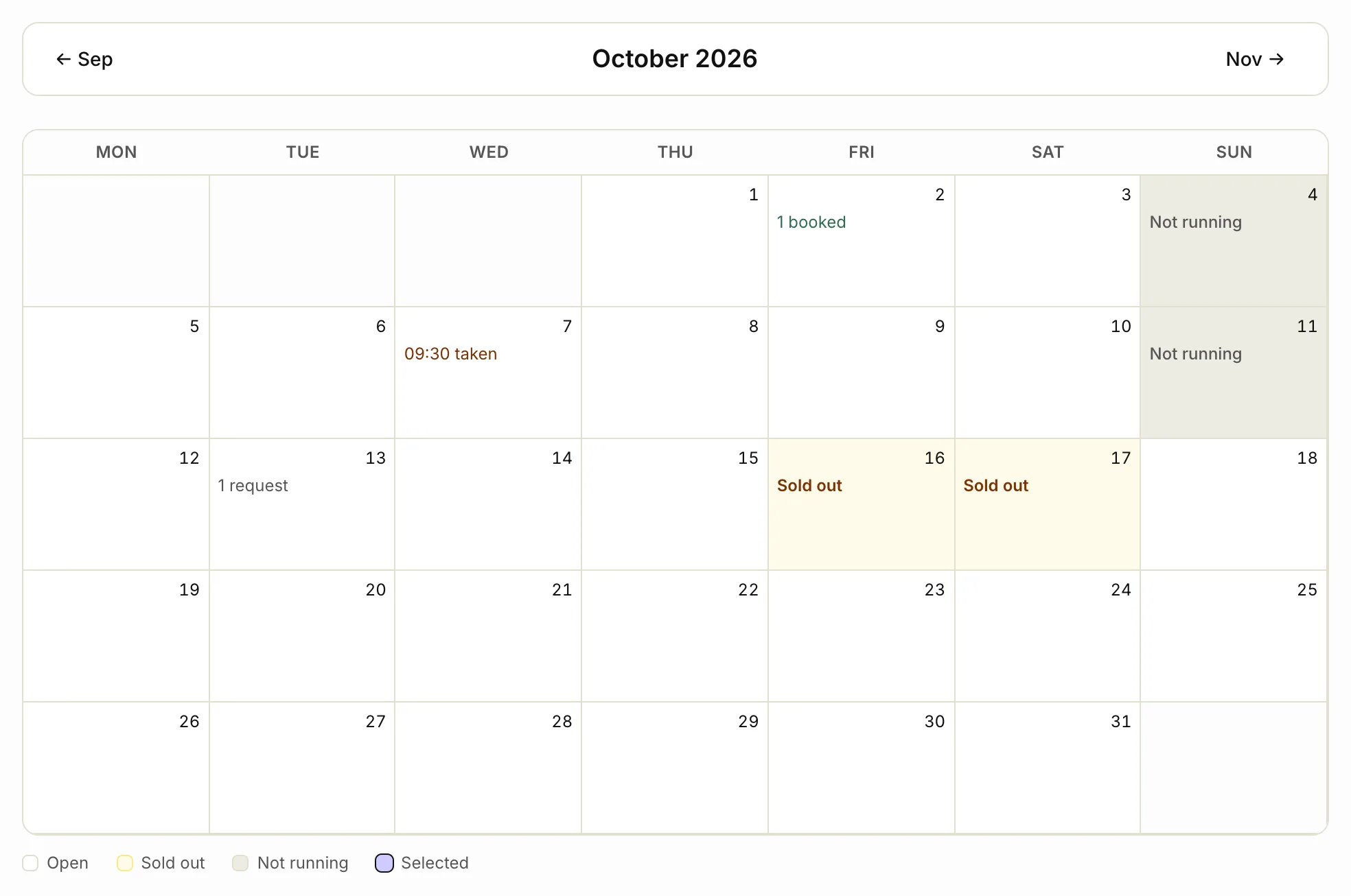 A tour's availability calendar with sold out and not running days