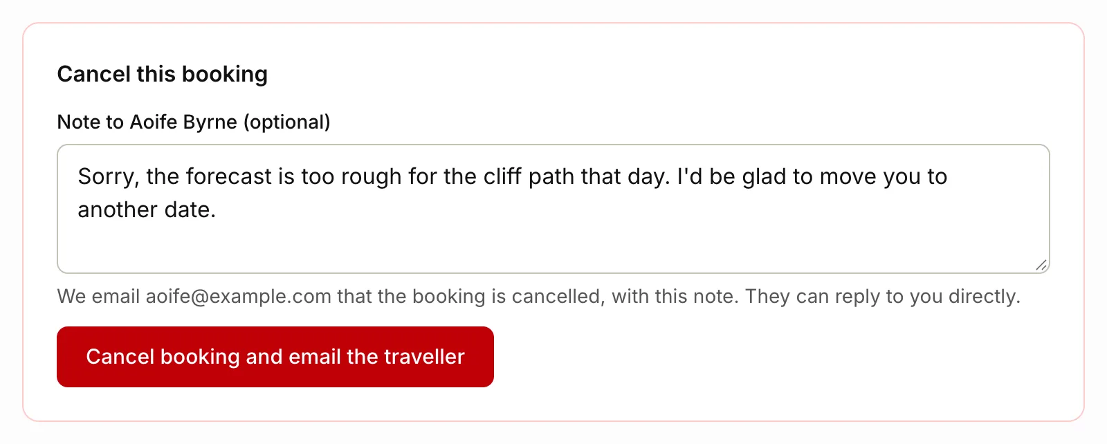 The Cancel this booking box on a booking's page