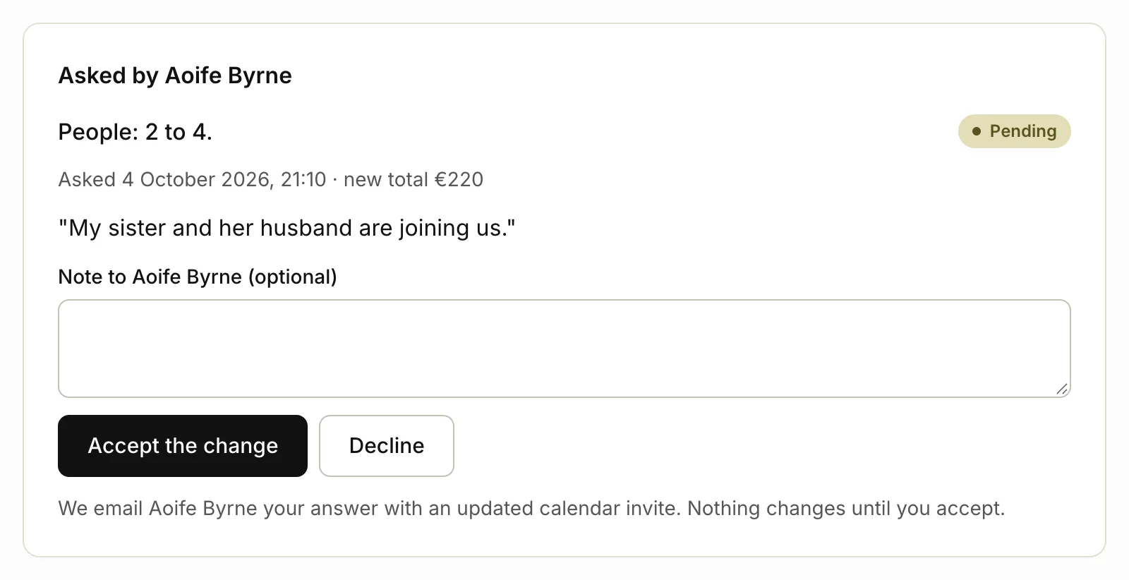 A traveller's ask on the booking page, with Accept and Decline