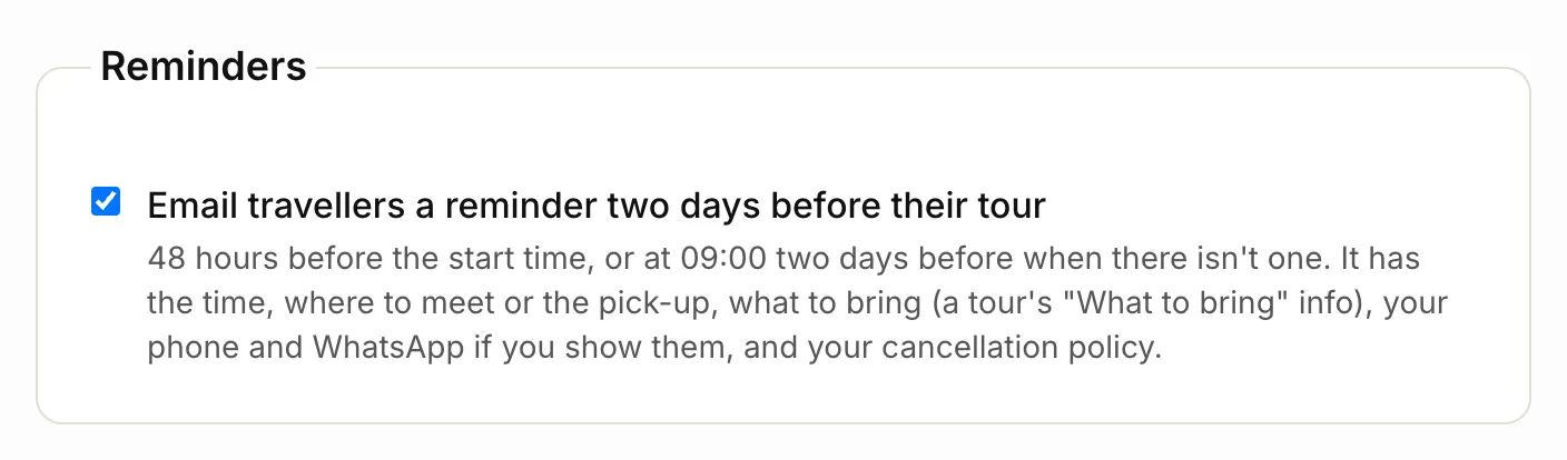 The reminder setting in Booking settings