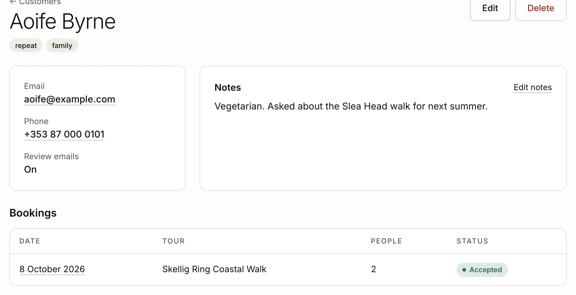 A customer's page with their notes and bookings