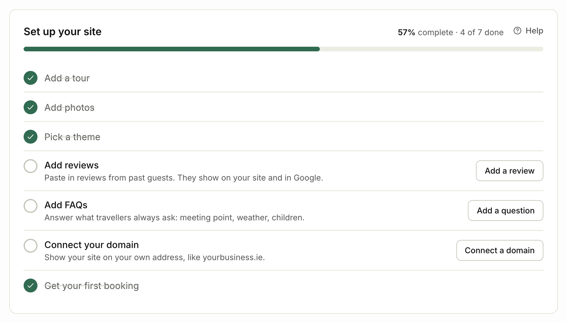 The Set up your site checklist on the dashboard