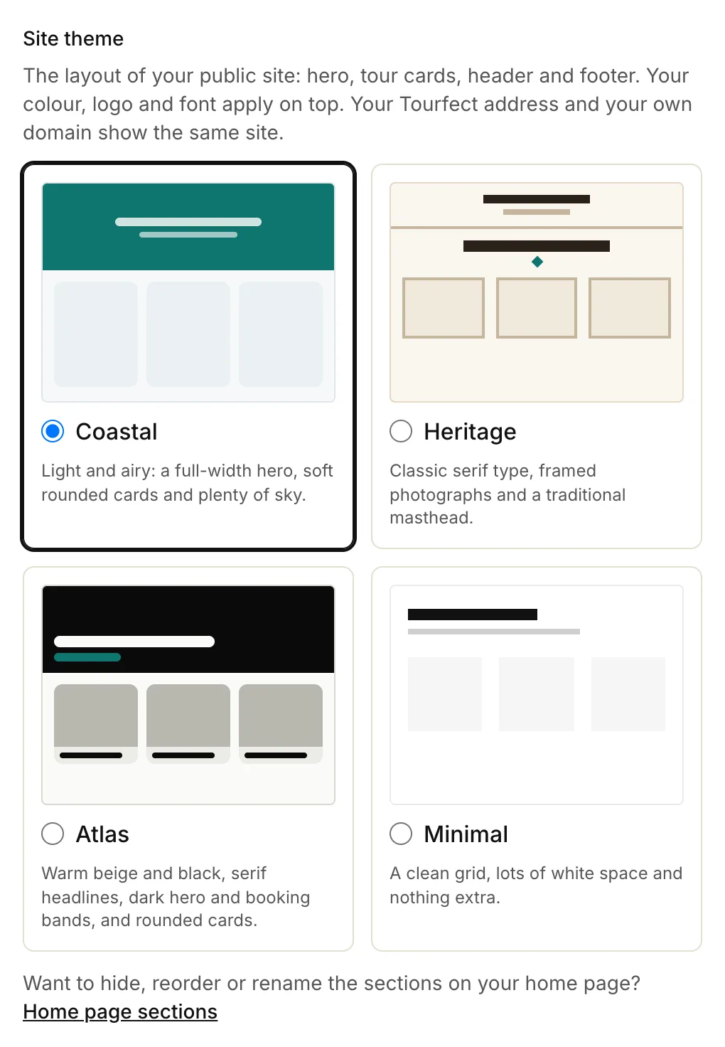 The Site theme choices on Branding