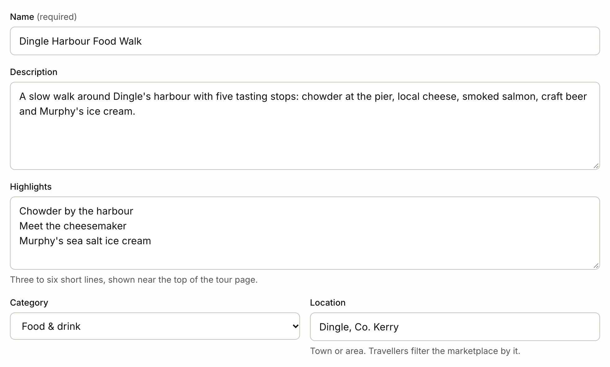 The name, description, highlights, category and location fields