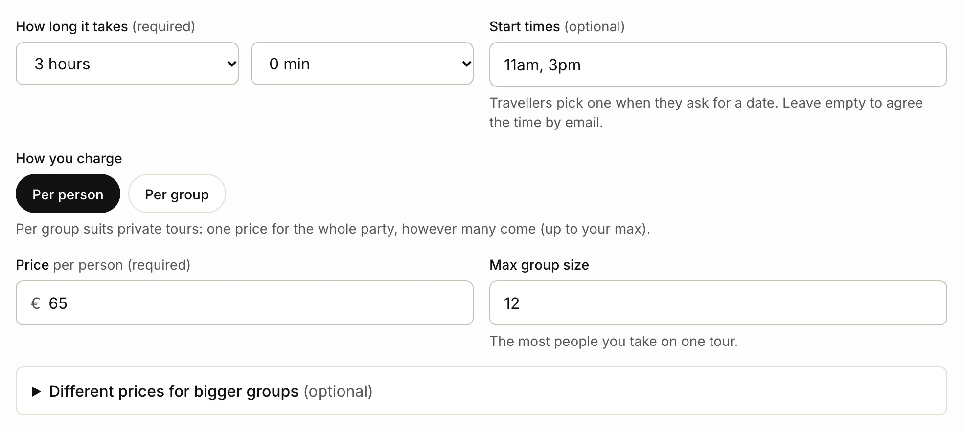 The duration, start times and price fields