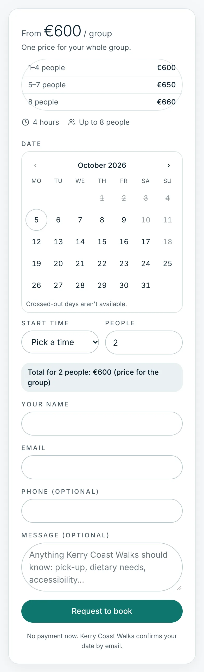The booking box with a price per group and prices for bigger groups